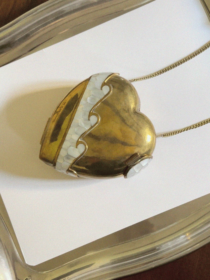 Vintage heart brass clutch bag with mother-of-pearl mosaic