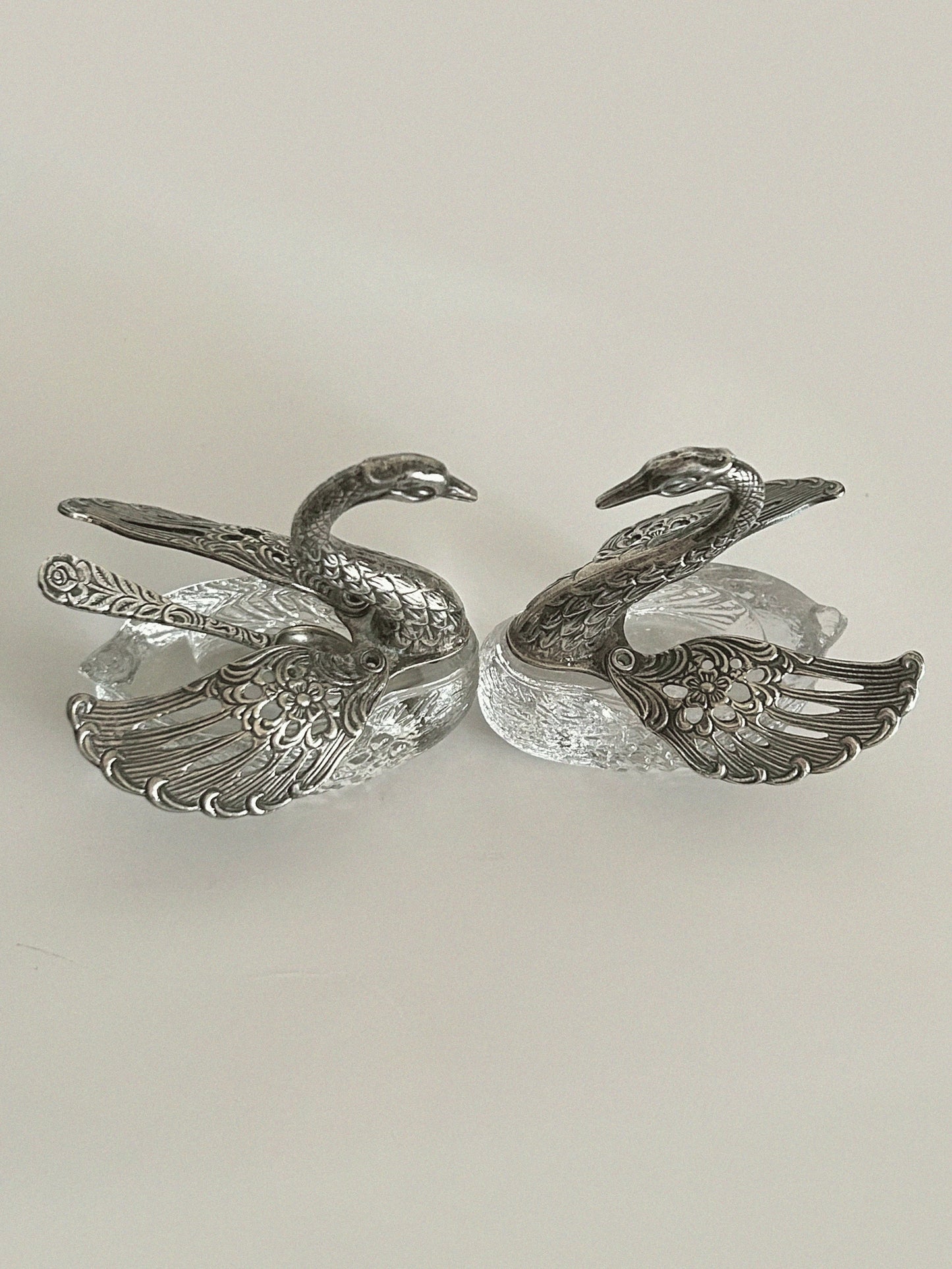 Vintage Silver Tone Crystal Swan Salt & Pepper Vessels