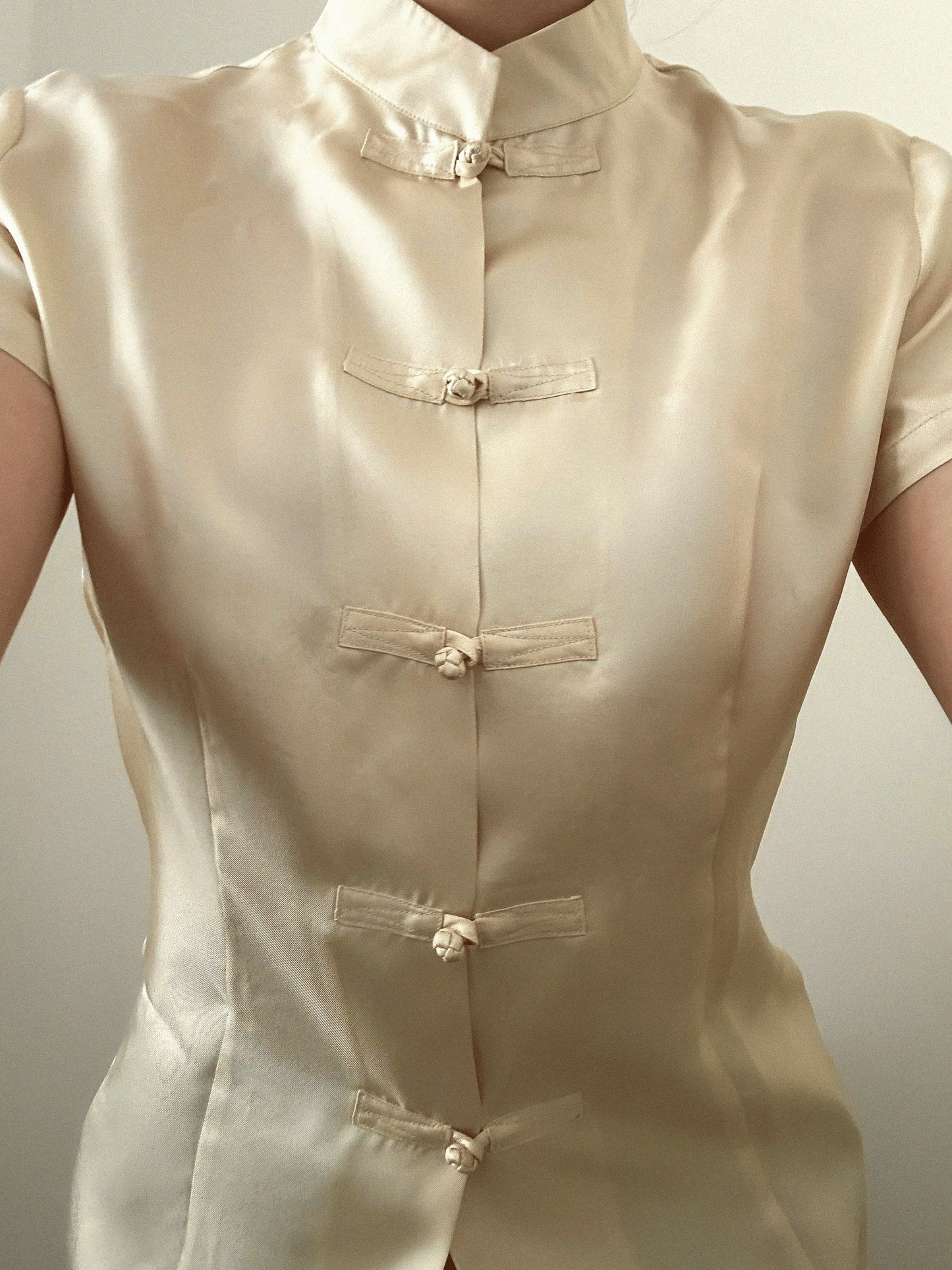 100% vintage silk blouse brass-button closure