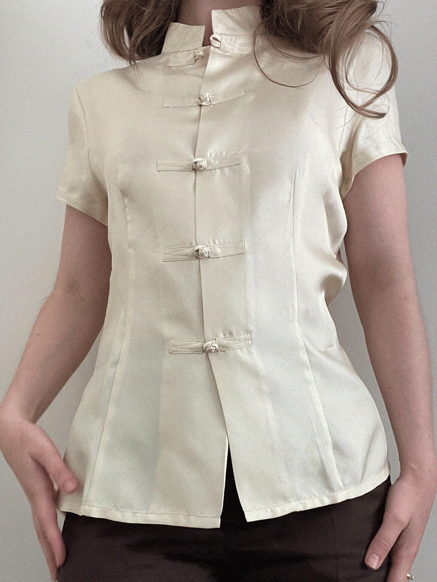 100% vintage silk blouse brass-button closure