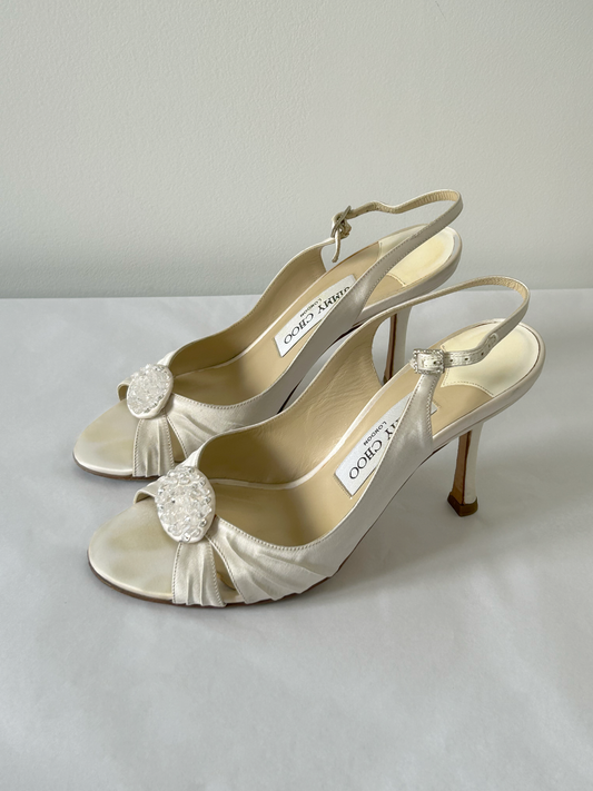 Beaded Jimmy Choo  Ivory Satin Sandals - Size 36 EU