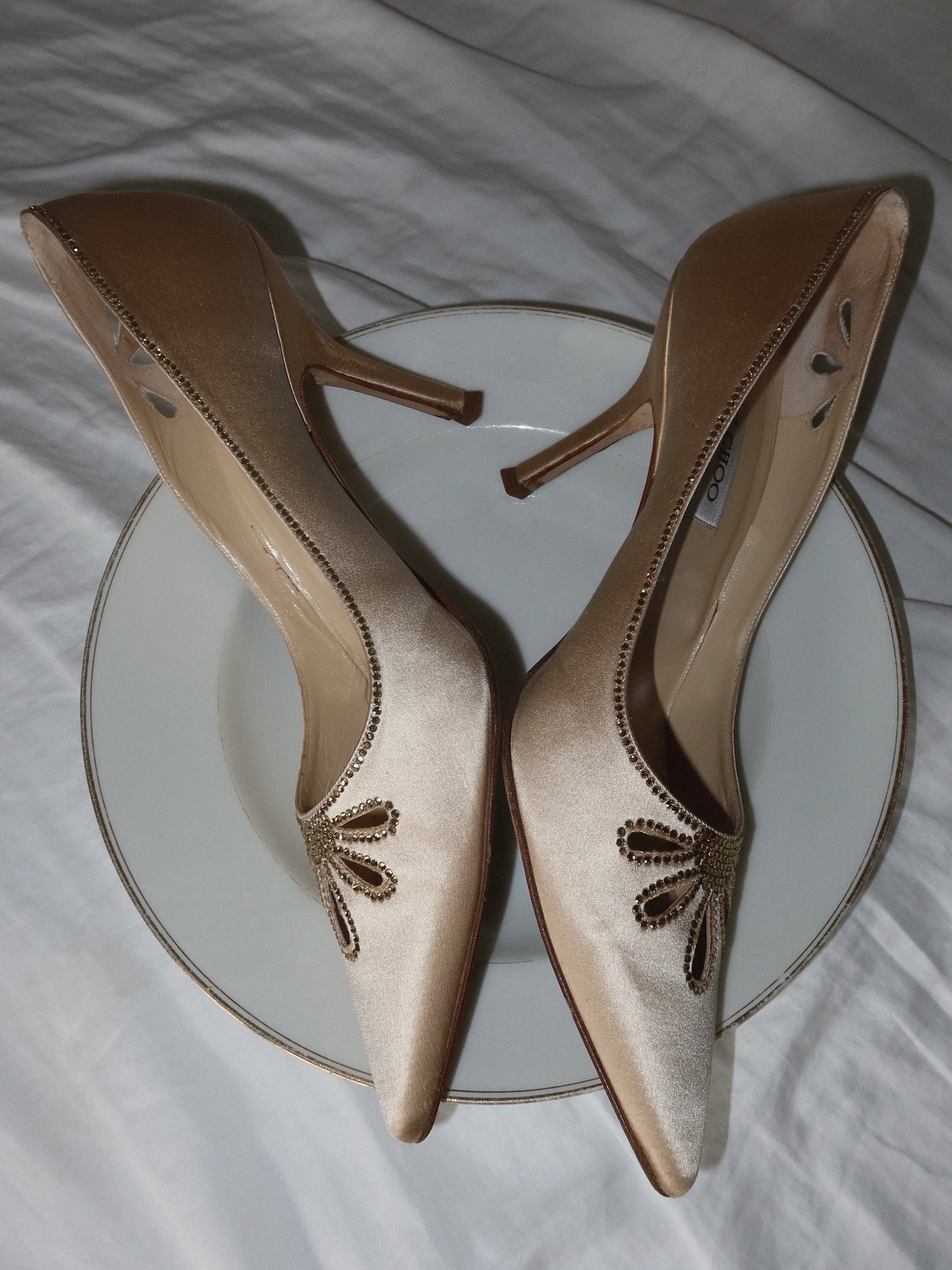 JIMMY CHOO ecru satin pumps with rhinestones