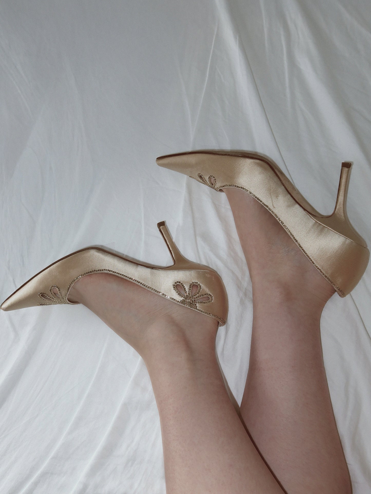 JIMMY CHOO ecru satin pumps with rhinestones