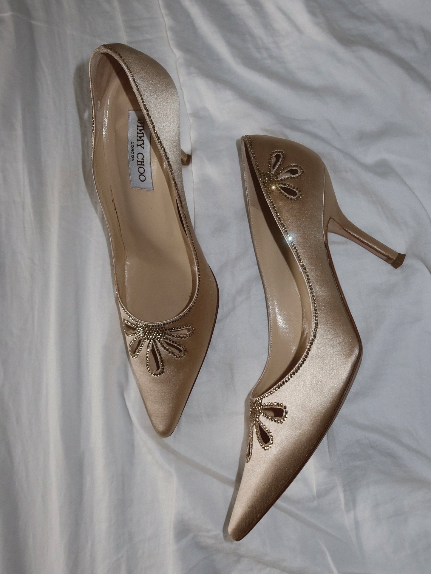 JIMMY CHOO ecru satin pumps with rhinestones