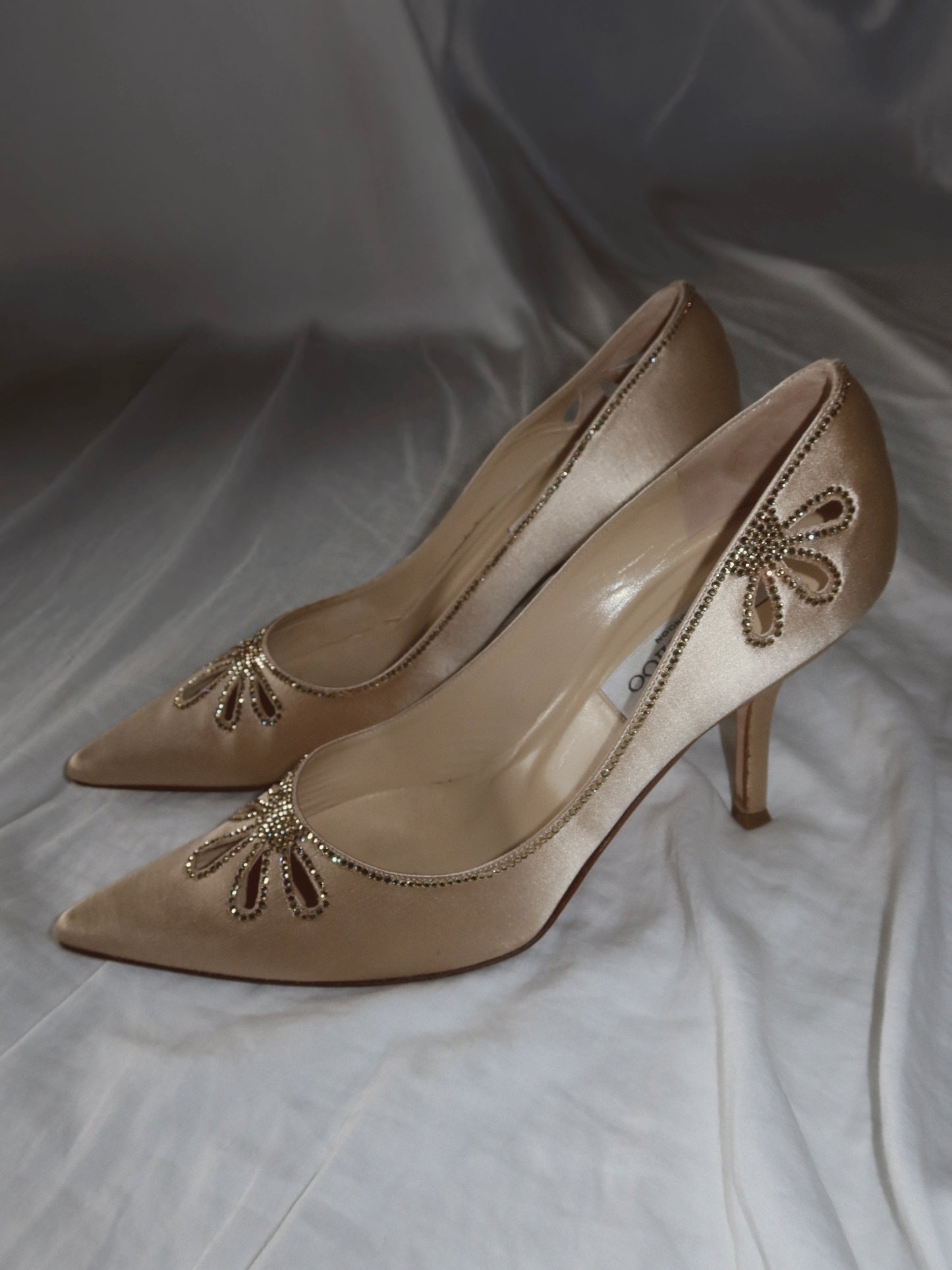 JIMMY CHOO ecru satin pumps with rhinestones