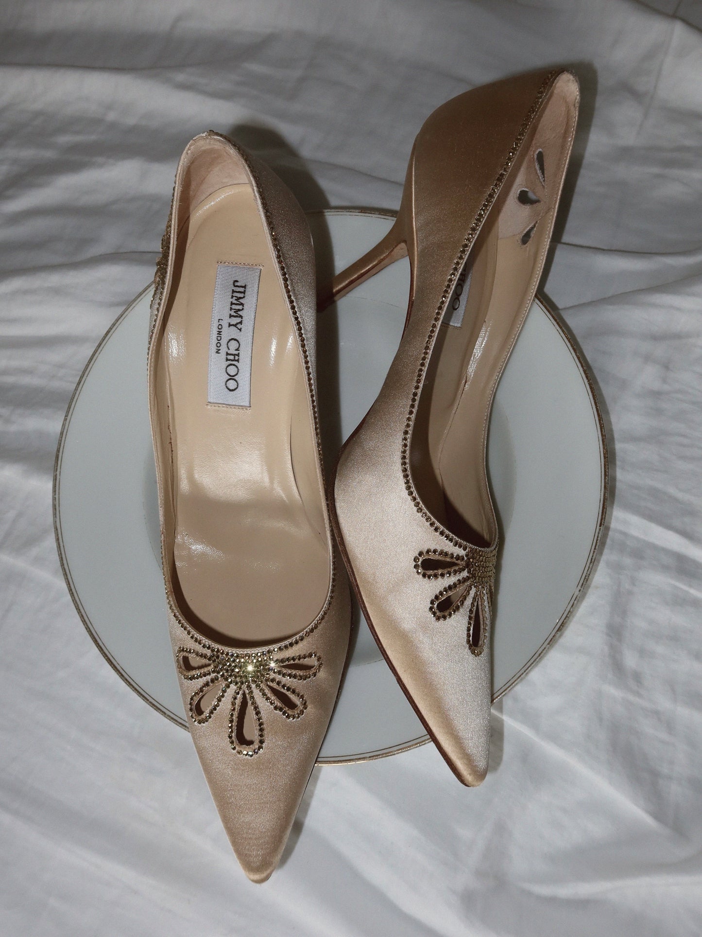 JIMMY CHOO ecru satin pumps with rhinestones