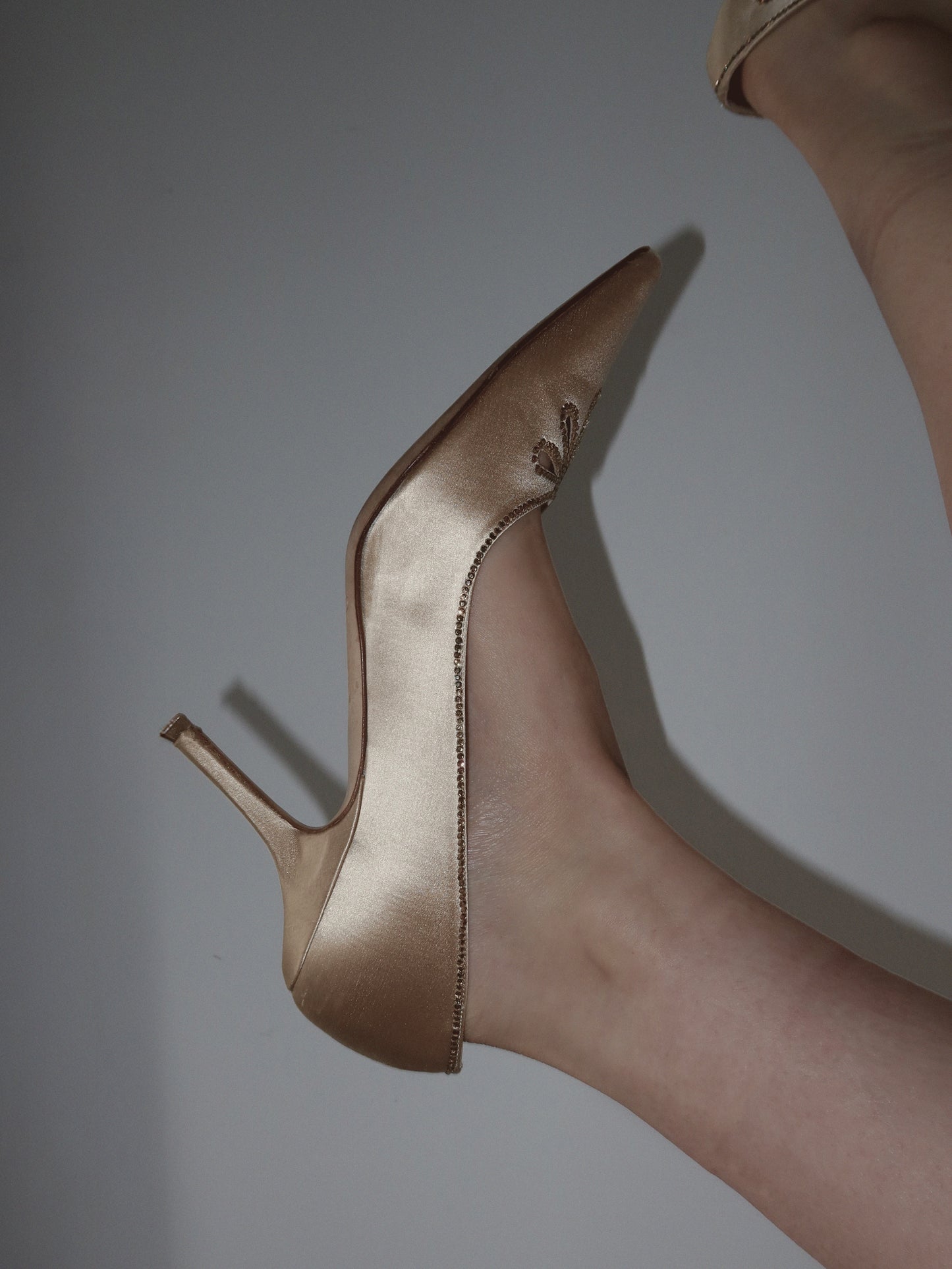 JIMMY CHOO ecru satin pumps with rhinestones