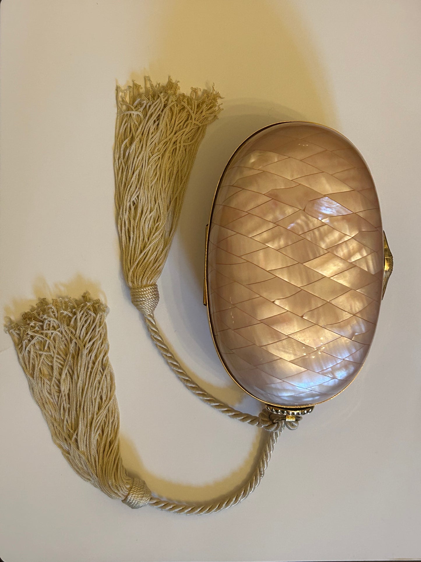 Rare 1970s Mother-of-Pearl Diamond Clutch with Beige Tassels
