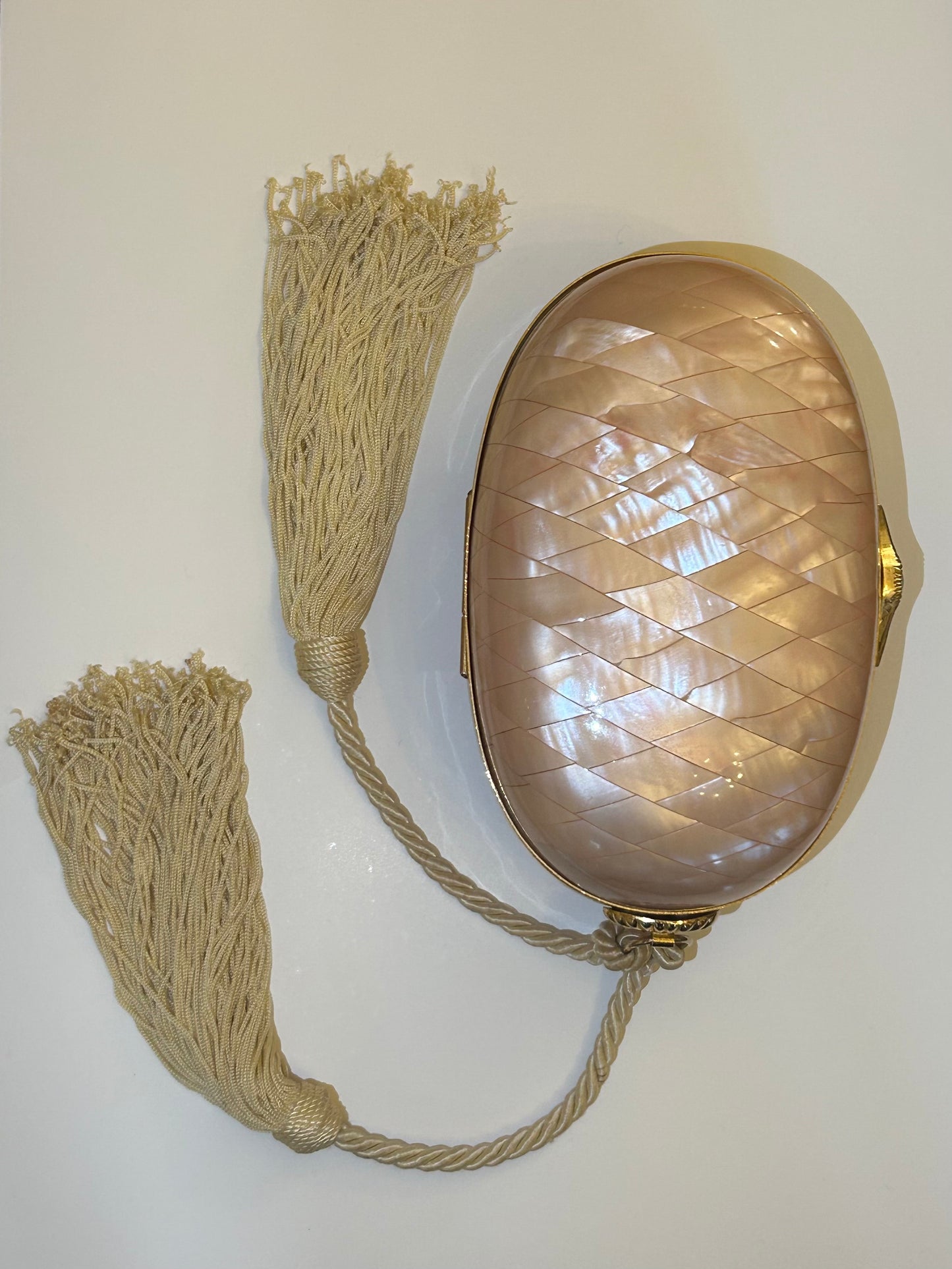Rare 1970s Mother-of-Pearl Diamond Clutch with Beige Tassels