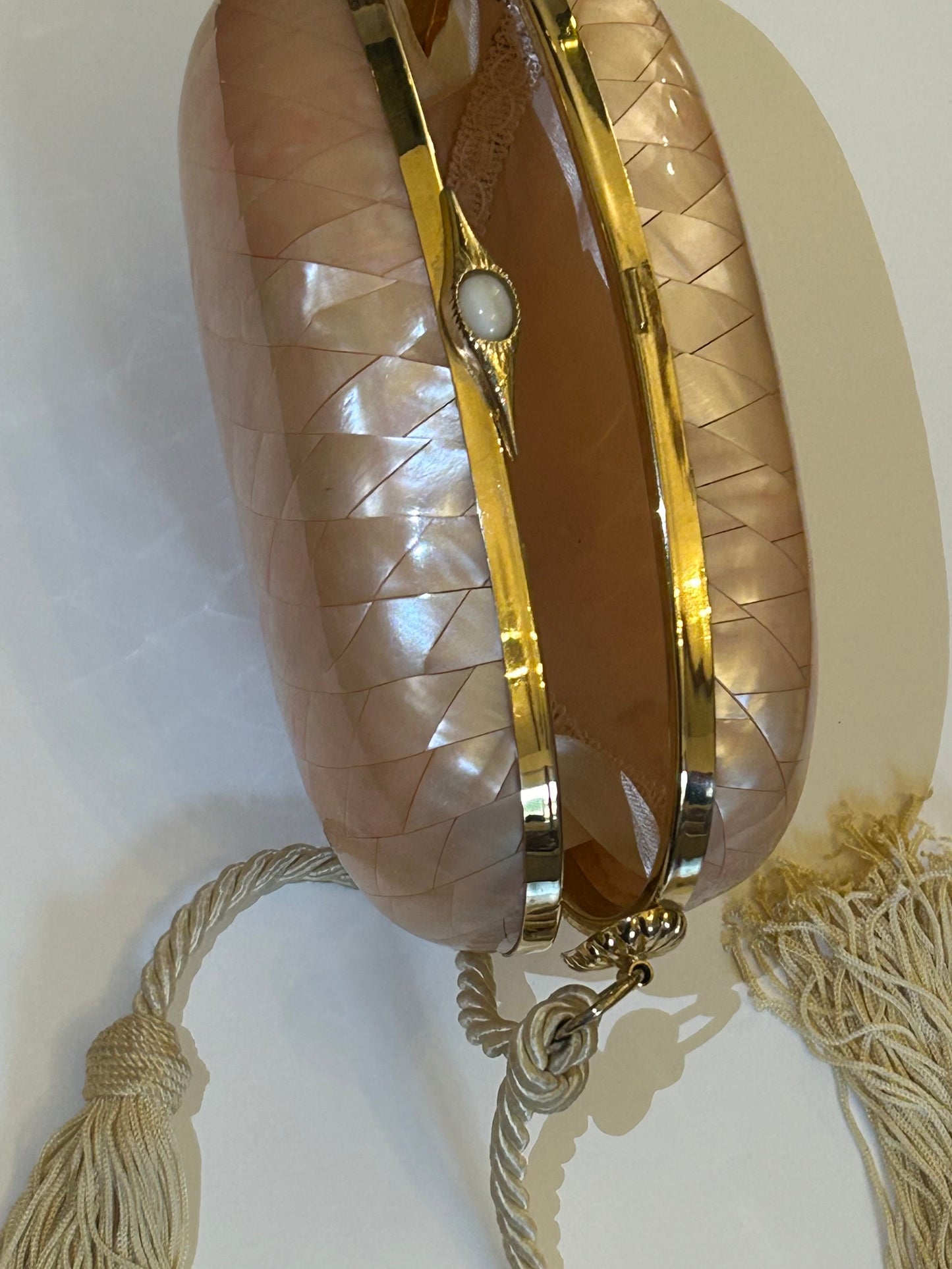 Rare 1970s Mother-of-Pearl Diamond Clutch with Beige Tassels