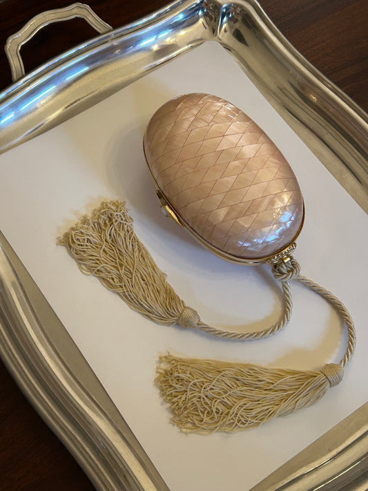 Rare 1970s Mother-of-Pearl Diamond Clutch with Beige Tassels