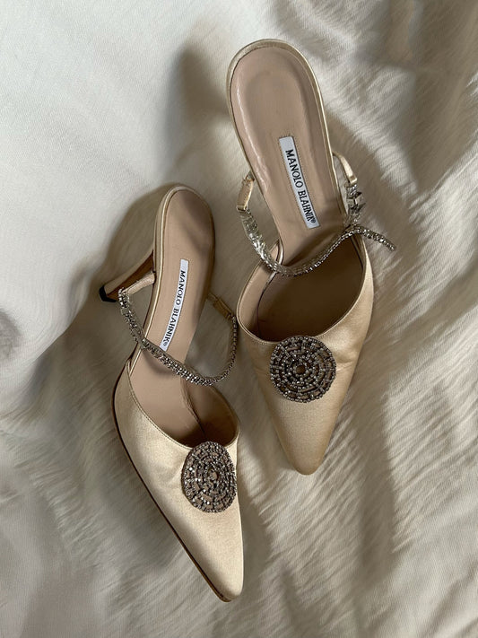 Manolo Blahnik Satin & Leather Heels – Size 39