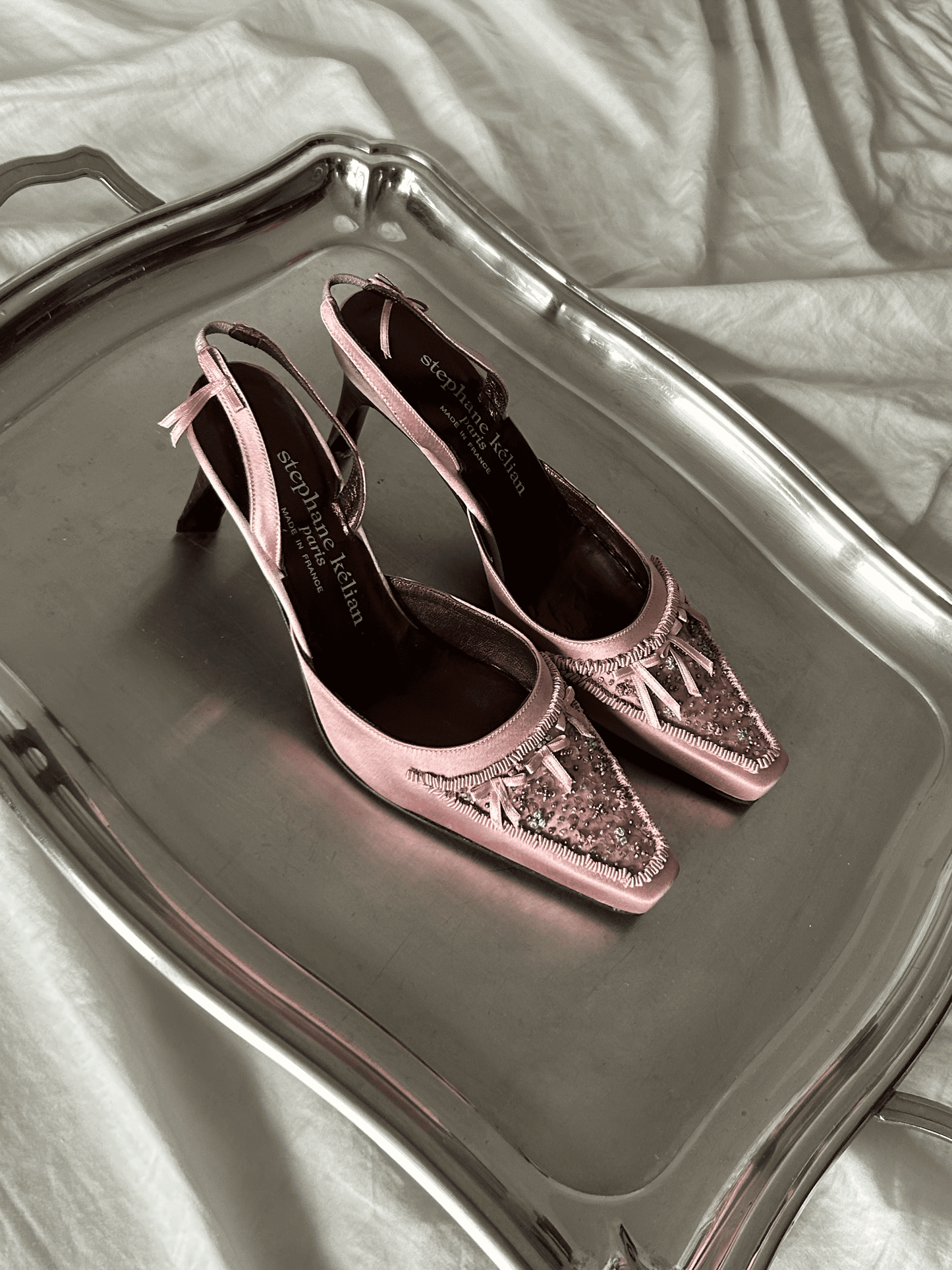 French Designer Embroidered Satin Heels.