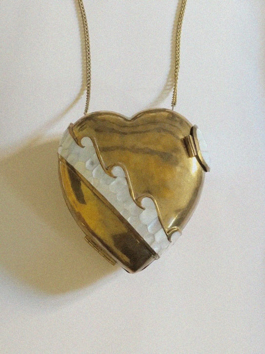 Vintage heart brass clutch bag with mother-of-pearl mosaic
