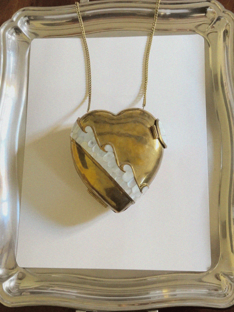 Vintage heart brass clutch bag with mother-of-pearl mosaic