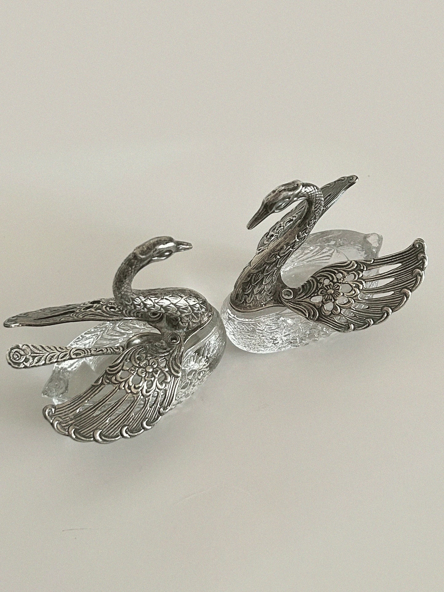 Vintage Silver Tone Crystal Swan Salt & Pepper Vessels