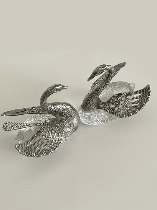 Vintage Silver Tone Crystal Swan Salt & Pepper Vessels