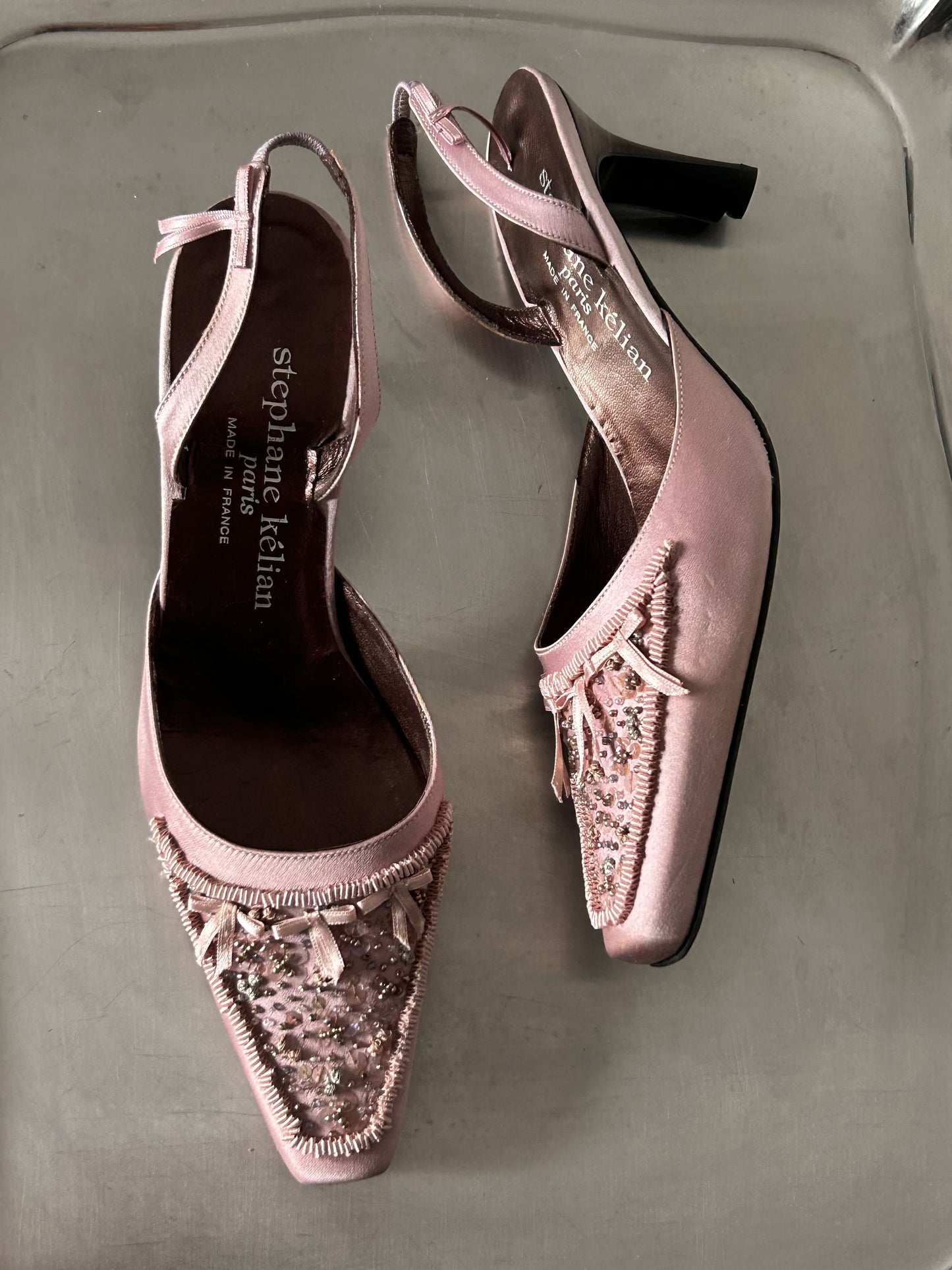 French Designer Embroidered Satin Heels.