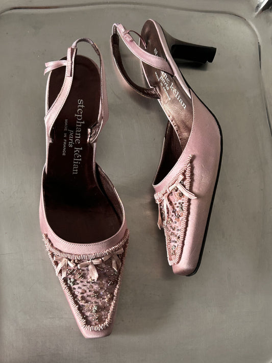 French Designer Embroidered Satin Heels.
