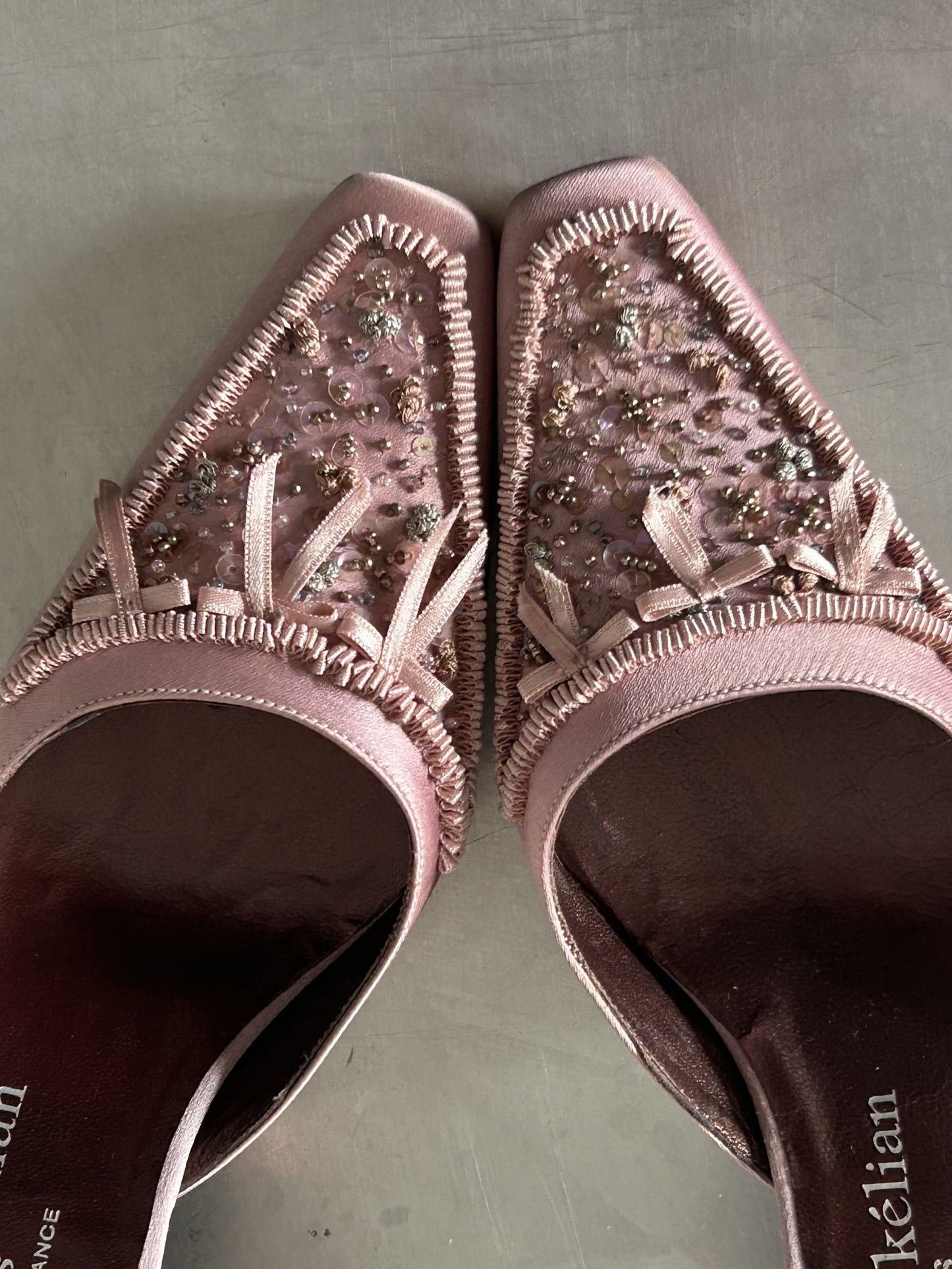 French Designer Embroidered Satin Heels.