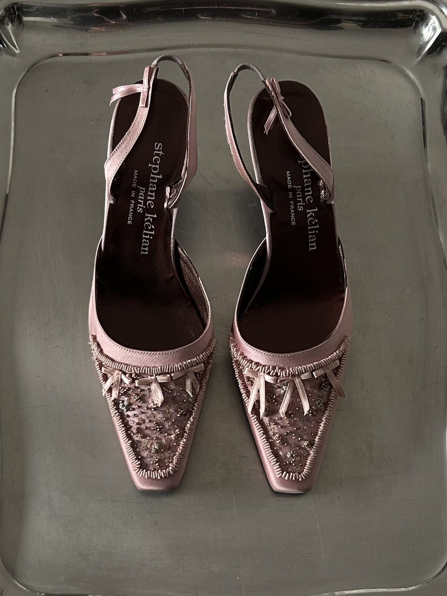 French Designer Embroidered Satin Heels.